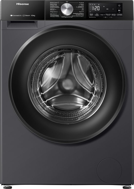 Hisense WD3S9043BB3 - Was-droogcombinatie - Energieklasse A (-30%) - 9 kg wassen / 6 kg drogen - 1400 toeren - Connectlife WiFi - Stoomfunctie - LED display - Inverter motor - Zwart