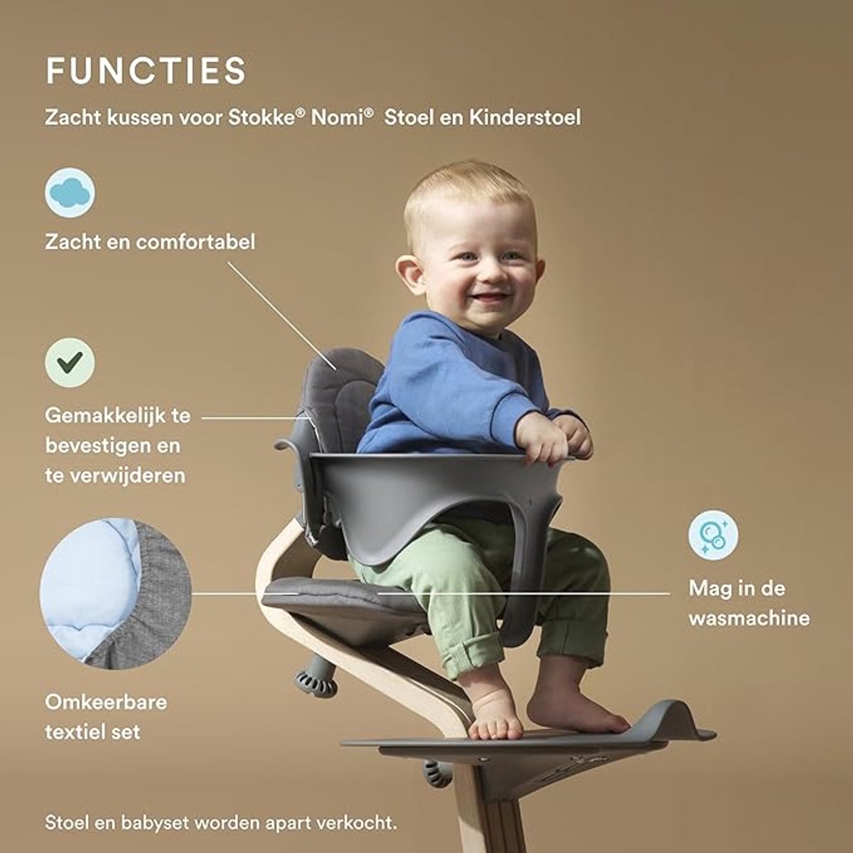 Nomi Stokke Kussen, Grey Sand - Voegt zachtheid en comfort toe aan de Nomi stoel & kinderstoel - Kinderen vanaf 6 maanden - Omkeerbaar + wasbaar in wasmachine – foto 2