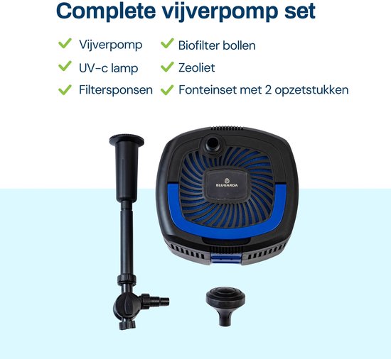 Complete vijverpomp set met zwarte pomp, blauwe accenten, fonteinset en UV-C lamp.