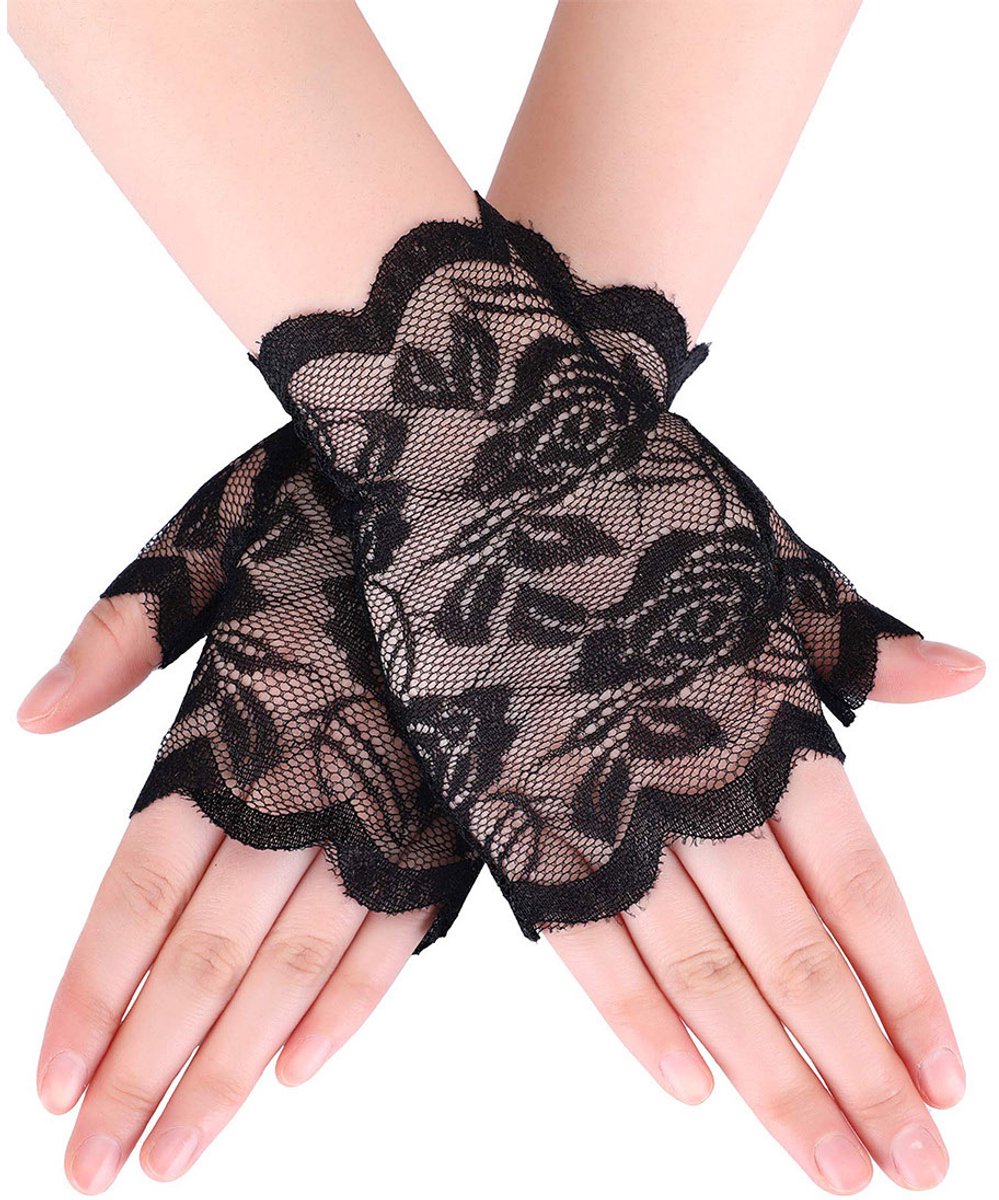 Handschoenen - kort - lace - kant - zwart - vingerloos - elegant - vrouwelijk - classy - sexy - chique - gala - verkleden - cosplay - carnaval - outfit - accessoire - party - dress up - carnavalskleding - verkleedkleren - verkleedkledij