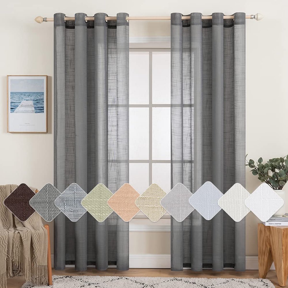 My Ninki ® Transparante Voile-Gordijnen Set van 2 met Linnenlook en Oogjes voor Elegante Interieurdecoratie