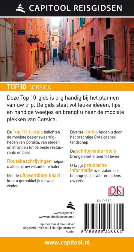 Boekomslag 'Top 10 Corsica' met een straatbeeld en informatie over de inhoud.