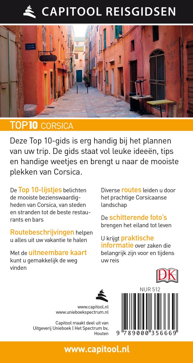 Boekomslag 'Top 10 Corsica' met een straatbeeld en informatie over de inhoud.