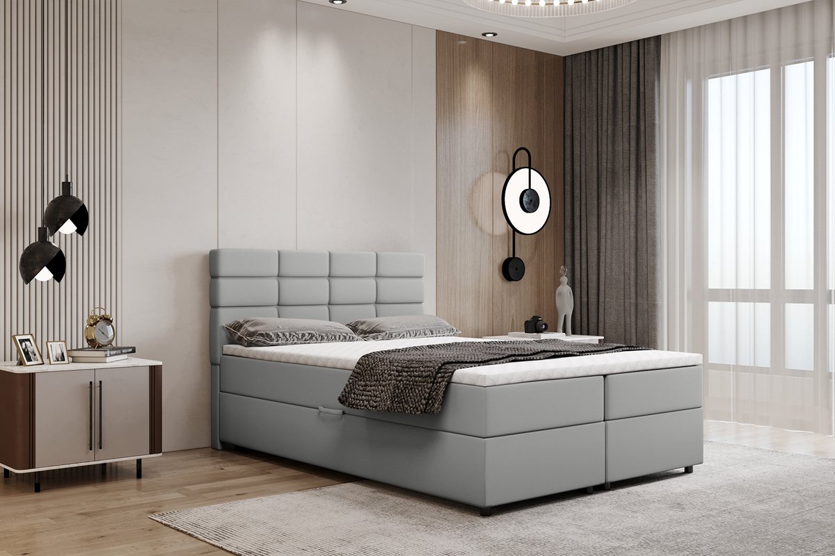 Boxspring met opbergruimte Reve 140 x 200 cm tweepersoons-Inclusief Topper- Lichtgrijs