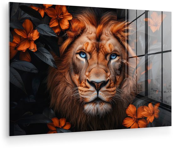 MuchoWow® Glasschilderij 180x120 cm - Schilderij acrylglas - Leeuw - Dieren portret - Natuur - Bloemen - Dier - Foto op glas - Muurdecoratie woonkamer - Wanddecoratie slaapkamer - Schilderijen
