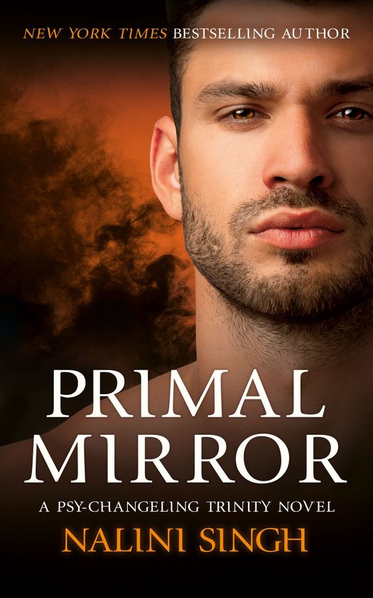 Boekomslag: "Primal Mirror", met een close-up van het gezicht van een man met een stoppelbaard. Achtergrond met oranje rook.