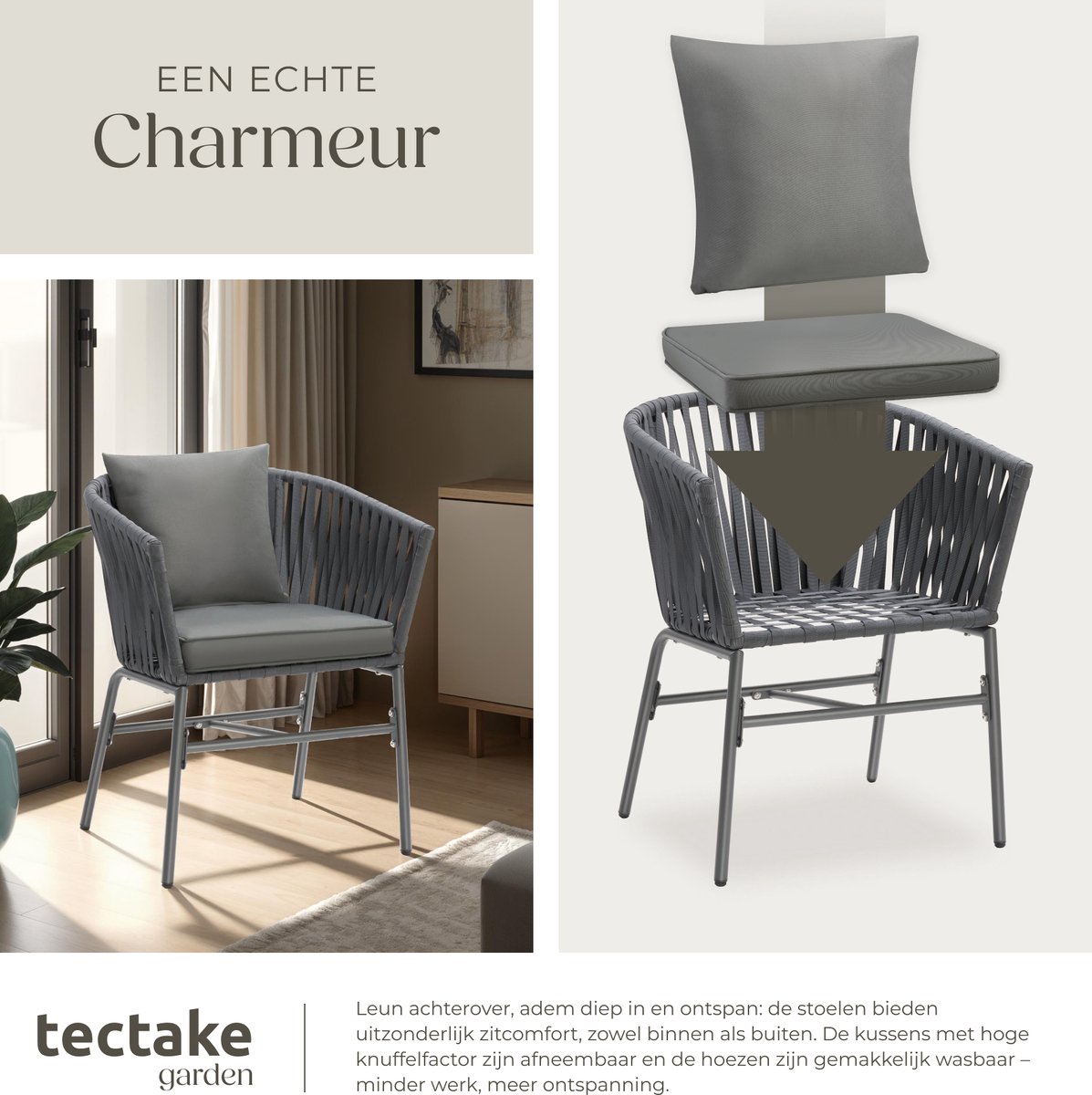 tectake® Tuinstoelen Valeiras - Set van 4 - Metalen Buitenstoel met Rope Design - Terrasstoel met Armleuningen - Tuinstoel - Tuin Fauteuil - Tuinmeubels - Tuinset met Waterafstotende Kussens en Verstelbare Poten – foto 4