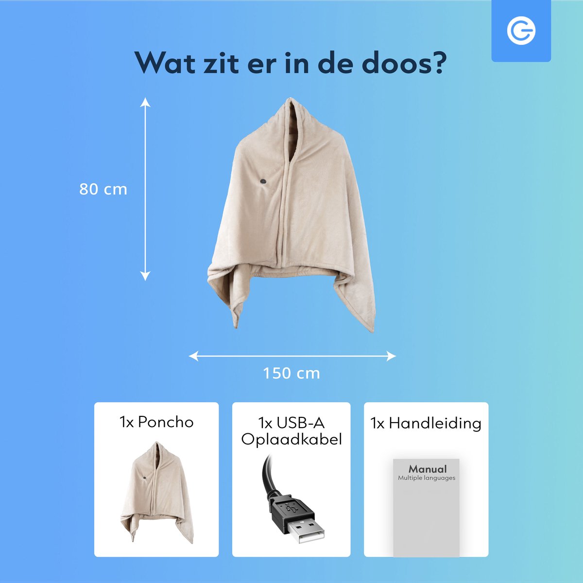 Hoodie Deken 25-40°C - Fleece 150x80cm - 3 Standen - Warmtedeken - Verwarmde Hoodie Dames en Heren - Beige - Silvergear – foto 6