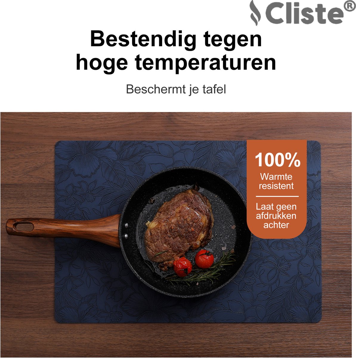 Cliste Luxe Lederlook Placemats 45x30 cm - Set van 6 - Blauw met Prachtige Bladerenprint - Placemats - Stijlvol, Duurzaam - Antislip Placemat van Kunstleer — cadeau in Wonen & Interieur - foto 2