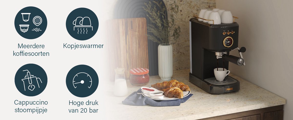 Princess Machine à Expresso, 1100W, 20 Bars, Chauffe-Tasses, Buse Vapeur, Réservoir 1,2L, Compatible Café Moulu et Capsules, Facile à Nettoyer, Arrêt Automatique, 01.249417.01.001