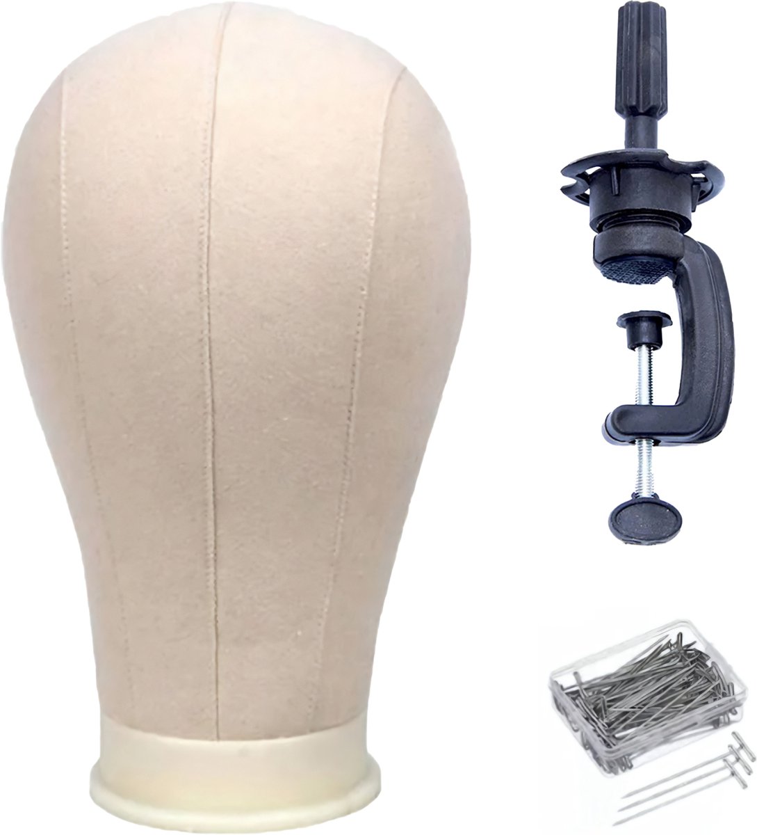JustValue Mannequin Hoofd - Haarpop - Kapperspop Oefenhoofd - Pruikenstandaards - Paspop Hoofd - Pruiken Hoofd Standaard - Pruikenhouder - Pashoofd - Pop Haar Kapper - 58,5 cm - Beige Canvas