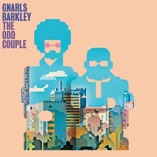 Gnarls Barkley - The Odd Couple albumcover met twee blauwe silhouetten van mannen met brillen, tegen een perzikkleurige achtergrond.