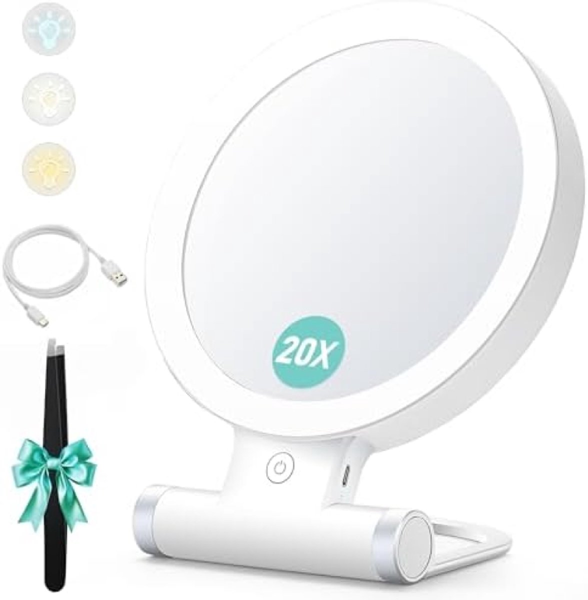 Vergrootspiegel met LED-verlichting, 20X/1X dubbelzijdig, draagbare make-up spiegel, dimbaar touchscreen, 3 kleuren verlichting, wit