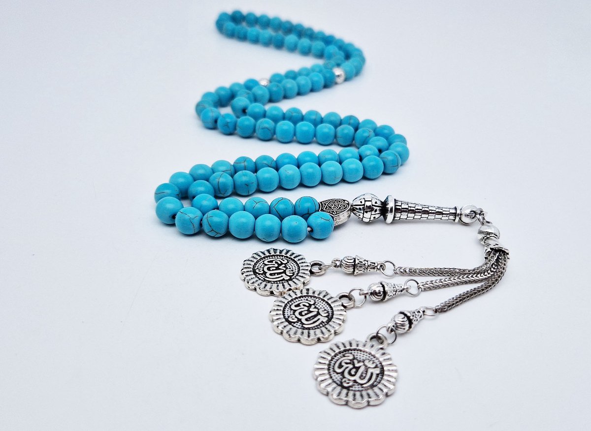 Handgemaakte tesbih "Tasbih" natuursteen "Turkoois" - Aantal kralen 99 - Diameter kralen 8MM - met metaal tassel "Allah" - Een mooi cadeau-idee