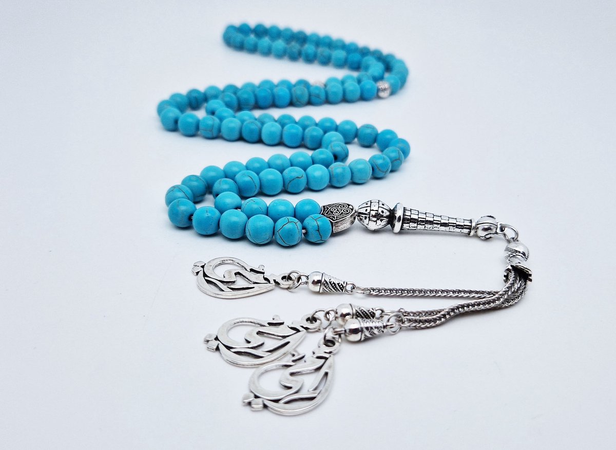 Handgemaakte tesbih "Tasbih" natuursteen "Turkoois" - Aantal kralen 99 - Diameter kralen 8MM - met metaal tassel "Mijn moeder" - Een mooi cadeau-idee