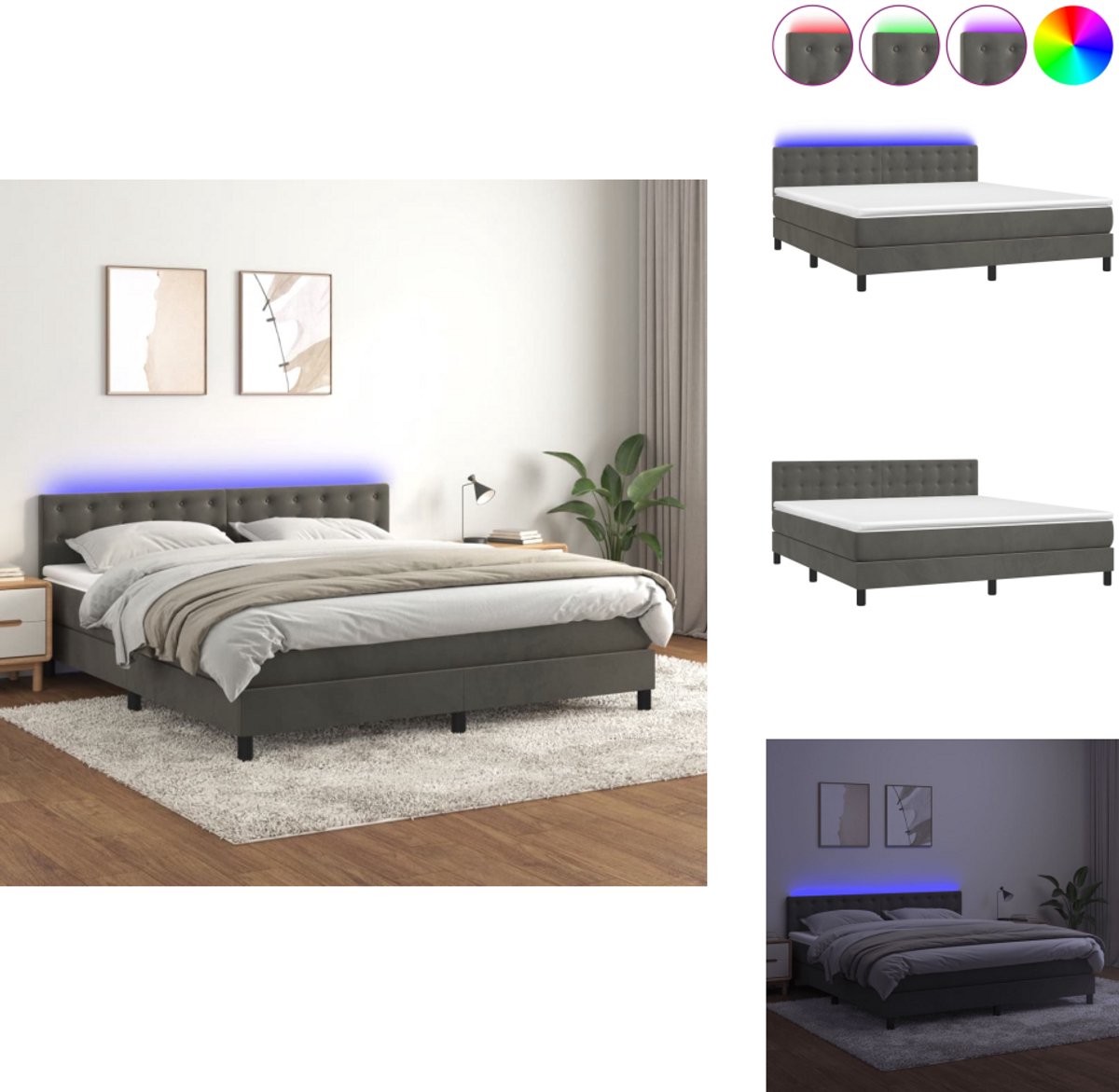 vidaXL Boxspring - Boxsprings - Bed - Slaapmeubel - Boxspring met matras en LED fluweel donkergrijs 180x200 cm
