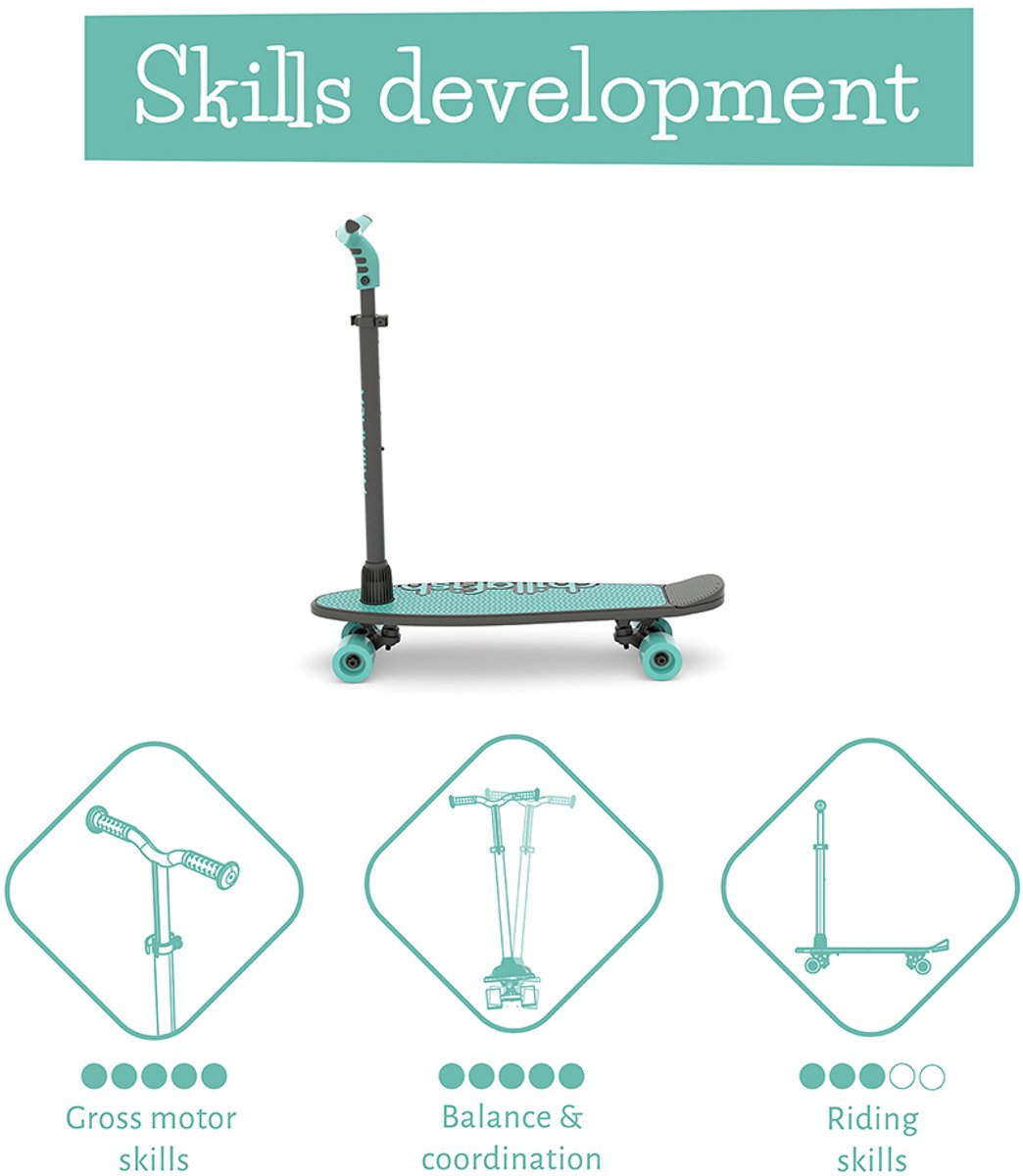 Chillafish Skateboard en Step 2-in-1 - Kinderstep omvormbaar naar Skateboard - Blauw Groen - Jongens en meisjes 3 jaar en ouder - Verstelbaar stuur - Model Skatieskootie 2 — afbeelding 4