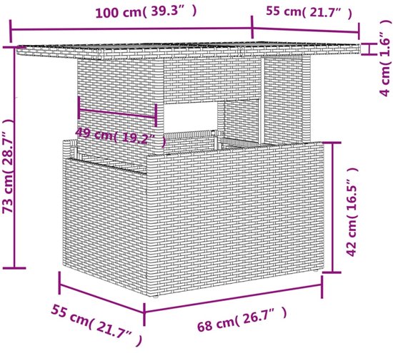 Table en rotin noir avec plateau en verre, dimensions 68x55x73cm.