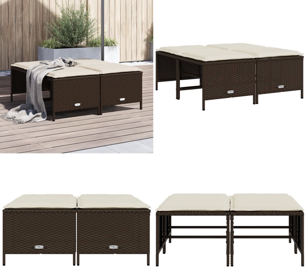 vidaXL Tuinkrukken - met - kussens - 4 - st - poly - rattan - bruin