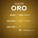 Koffie-informatie: Qualità Oro. Blend: 100% Arabica. Branding: Light. Ideaal voor: ristretto 25ml, espresso 40ml, lungo 110ml.