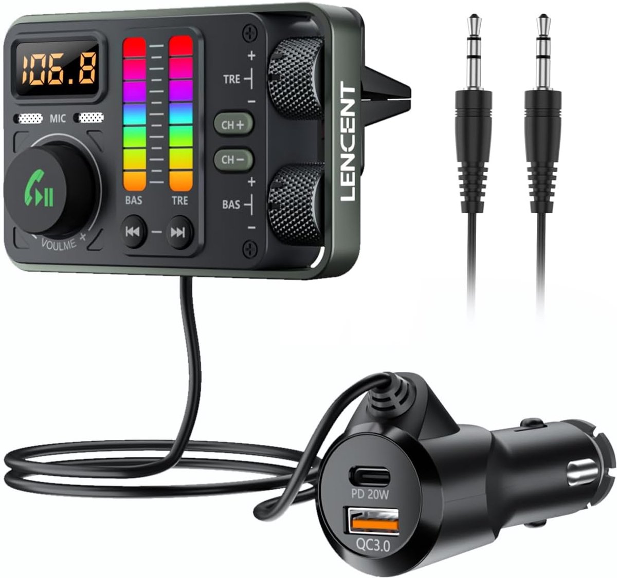 Bluetooth FM Transmitter met Snellader en AUX-adapter voor Auto - Hi-Fi Geluid, Handsfree Bellen & Navigatie