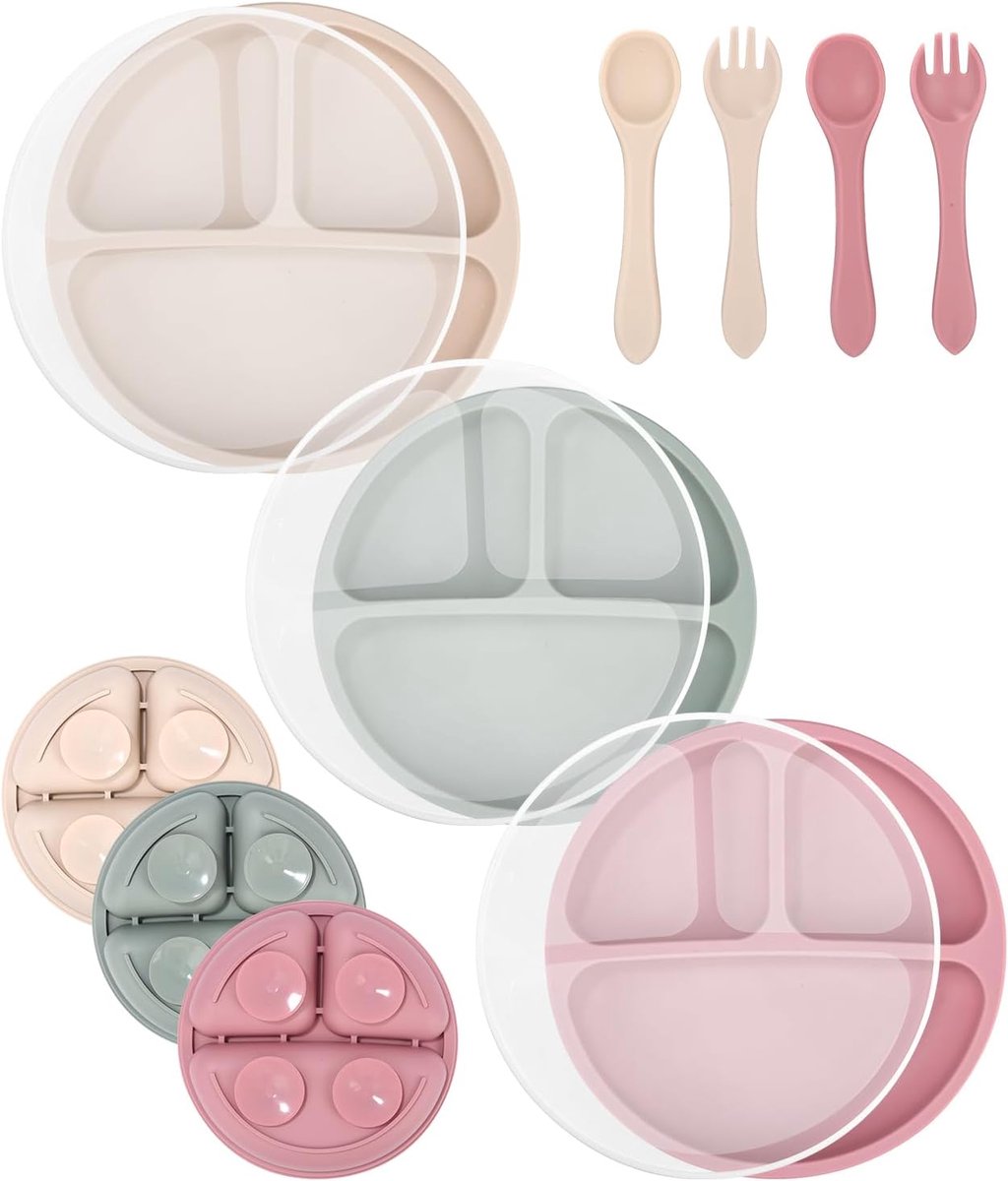 Goedkoopste Siliconen Baby Bordenset met Deksel en Zuignap, BPA-vrij, Vaatwasserbestendig, Set van 3