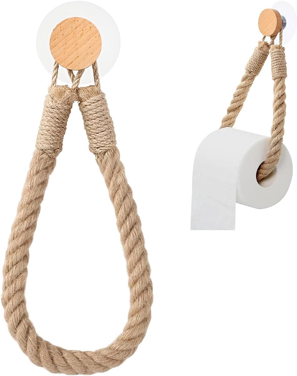 Stijlvolle Houten Toiletrolhouder Set met Zelfklevende Bevestiging en Industriële Touwdetails