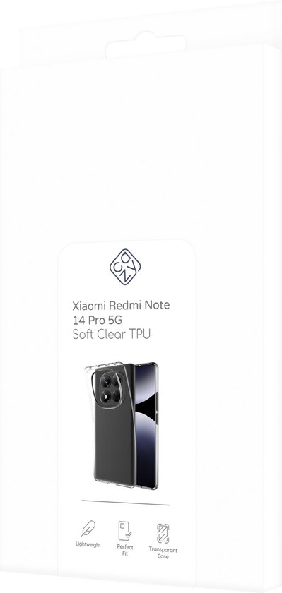 Verpakking voor een doorzichtig TPU hoesje voor de Xiaomi Redmi Note 14 Pro 5G.