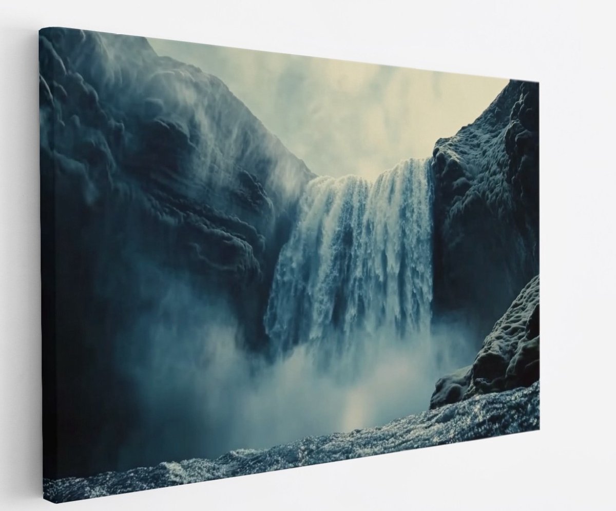 Saammp Canvas Schilderij - Grote waterval - Rotsen - Natuur - Landschap - 90x60 - Foto op canvas - Wanddecoratie - Muurdecoratie Woonkamer - Slaapkamer decoratie - Canvas Print Multicolor