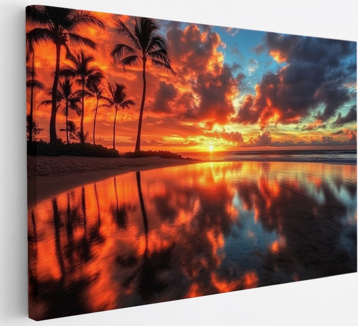 Saammp Canvas Schilderij - Tropisch strand - Zee met zonsondergang - Palmbomen - 30x20 - Foto op canvas - Wanddecoratie - muurdecoratie Woonkamer - Slaapkamer decoratie - Canvas Print Multicolor