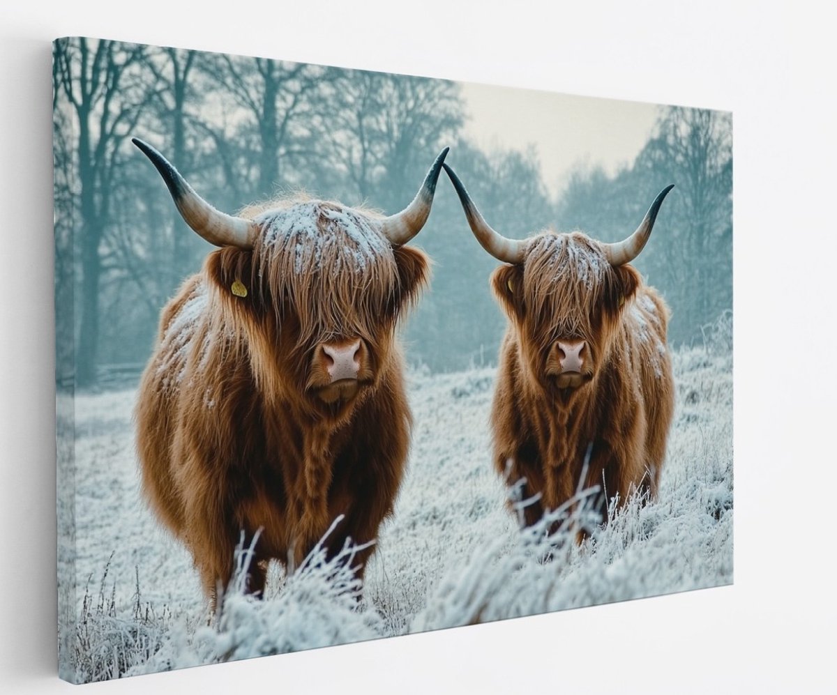 Saammp Canvas Schilderij - 2 Schotse Hooglander Koeien - Dieren - Landschap - 40x30 - Foto op canvas - Wanddecoratie - muurdecoratie Woonkamer - Slaapkamer decoratie - Canvas Print Multicolor