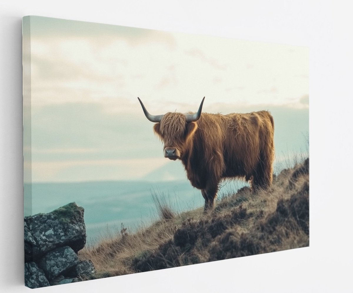 Saammp Canvas Schilderij Schotse Hooglander Koe tussen de bomen - Dieren - Natuur - 120x80 - Foto op canvas - Wanddecoratie - muurdecoratie Woonkamer - Slaapkamer decoratie - Canvas Print Multicolor