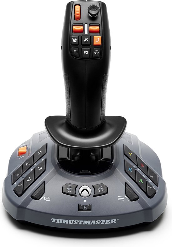 Zwarte Thrustmaster SimTask Farmstick met oranje knoppen en grijze basis, van voren gezien.