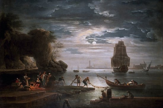 Claude Joseph Vernet, La Nuit. Clair de lune sur un port avec des voiliers, des pêcheurs et un feu de camp sur la côte.