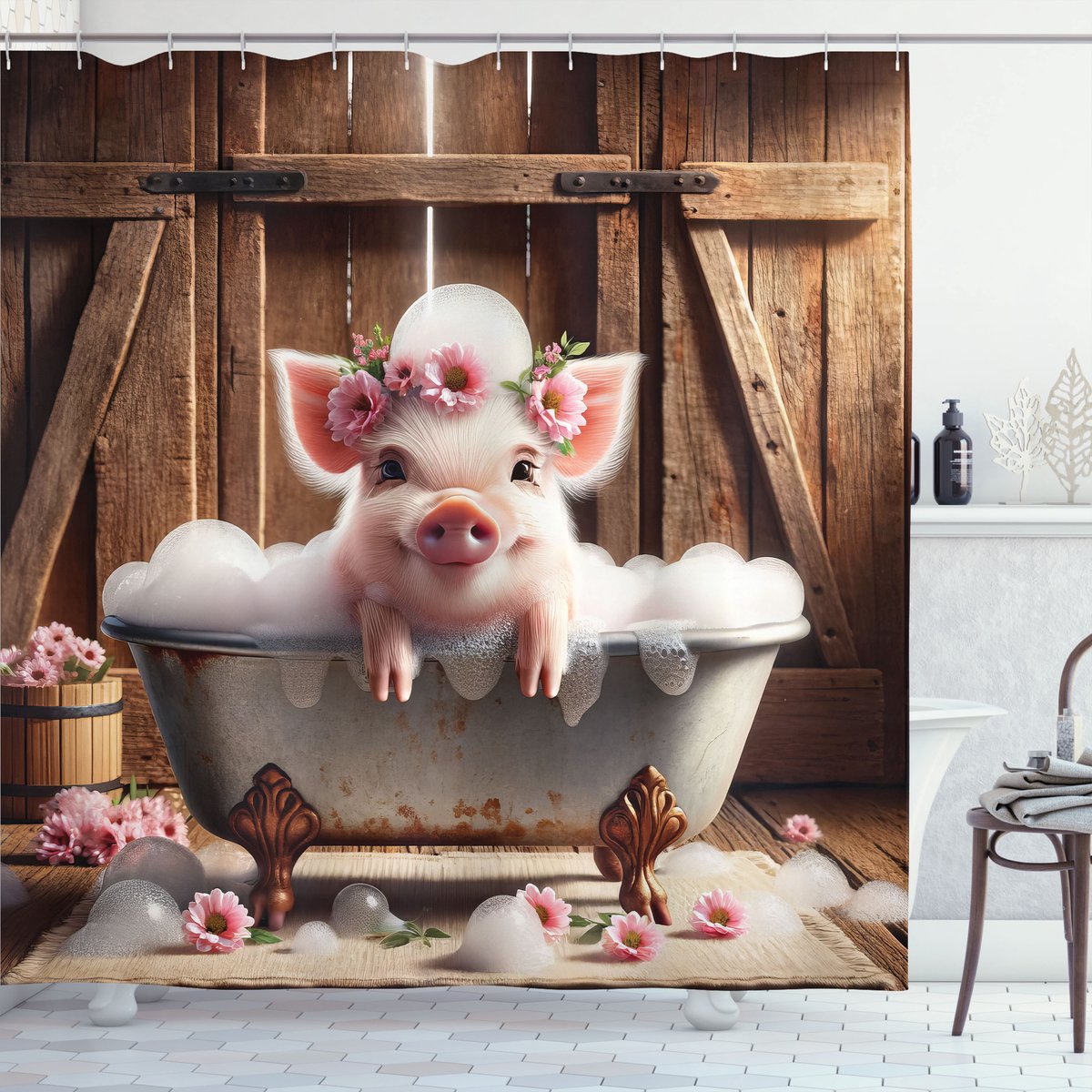 New Bed Rustiek Bloemige Varken Bubbelbad Schuur Douchegordijn Badkamer Decor Set met Haakjes, 180 cm B x 200 cm L