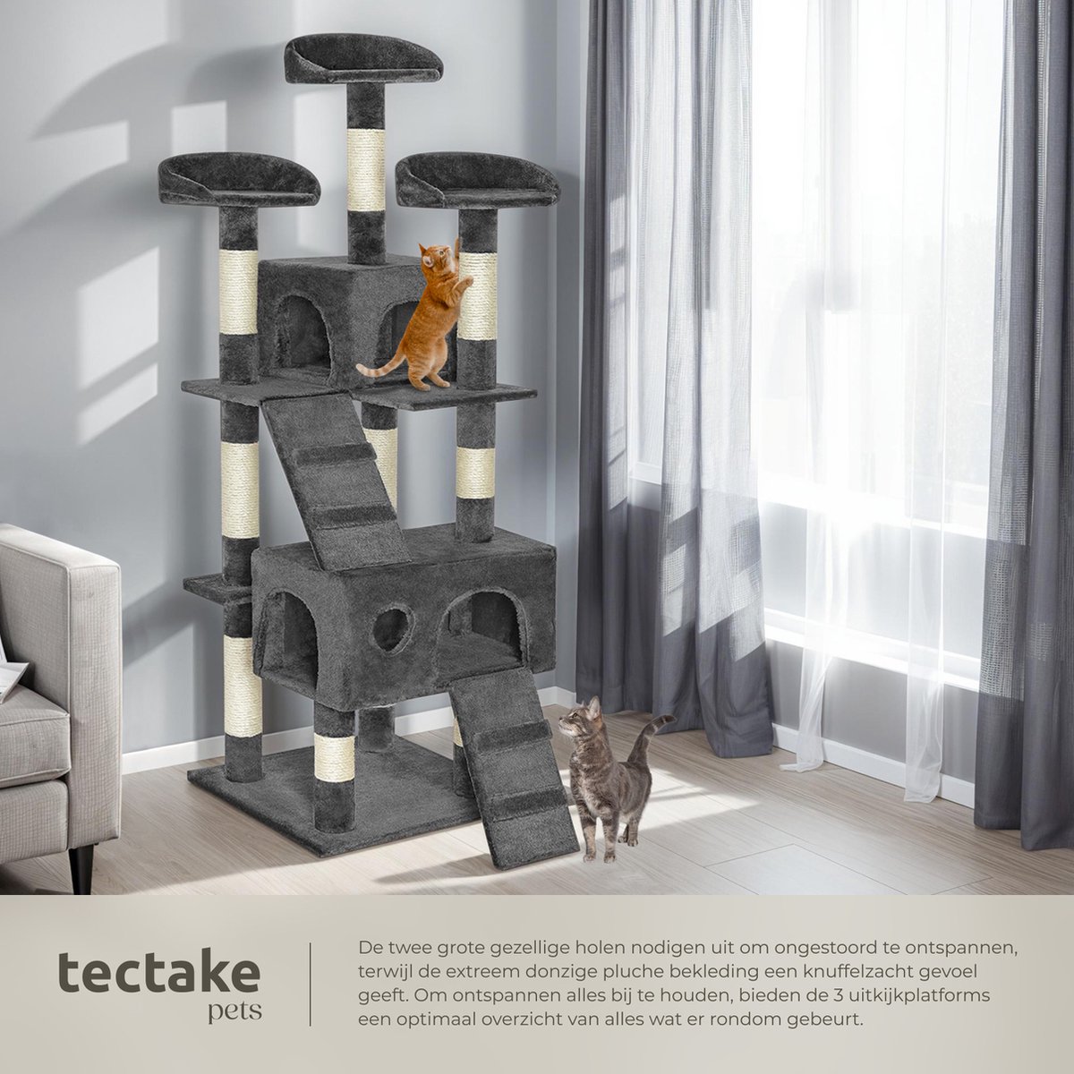 tectake® Kattenkrabpaal groot - Kattenboom met 3x sisal krabpaal en kattenaccessoires- 3x ligplaats en 1x kattenhuisje, 2x kattentrap - Middelhoog voor katten, kittens en katers - 170cm hoog - Grijs thumbnail 2