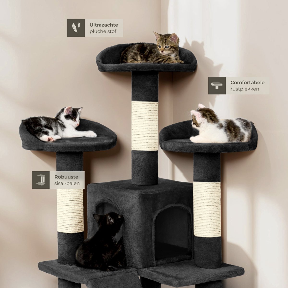 tectake® grote kattenkrabpaal - kattenboom met accessoires en kattenspeelgoed, XXL krabmeubel met 2x kattenhuisjes, speeltoren met krabpaal, krabpaal