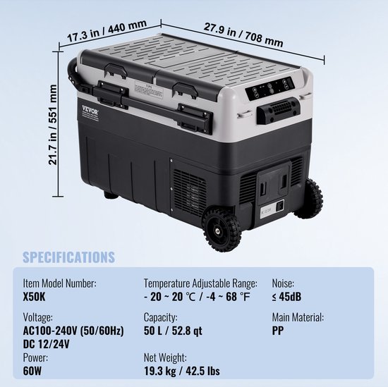 VEVOR Draagbare Autokoelkast Met Vriesvak, Koelboxcompressor, 50 Liter, Dubbele Zone van Vevor — afbeelding 2