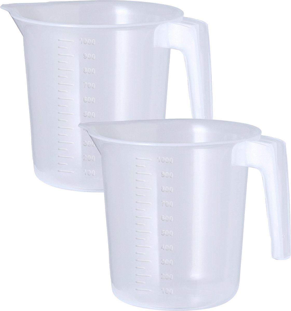Keuken maatbeker/mengbeker - 2x - kunststof - transparant - 1000 ml - schenktuit - hengsel