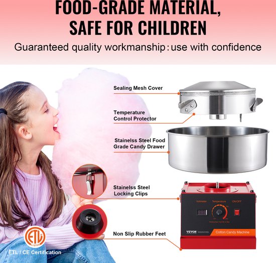 VEVOR Elektrische Suikerspinmachine, 1000w Suikerspinmachine, CommerciëLe Suikerspinmachine met Roestvrijstalen Kom En Suikerlepel, Perfect voor Kinderverjaardagsfeestjes Thuis, Familiebijeenkomsten (Rood) — afbeelding 5