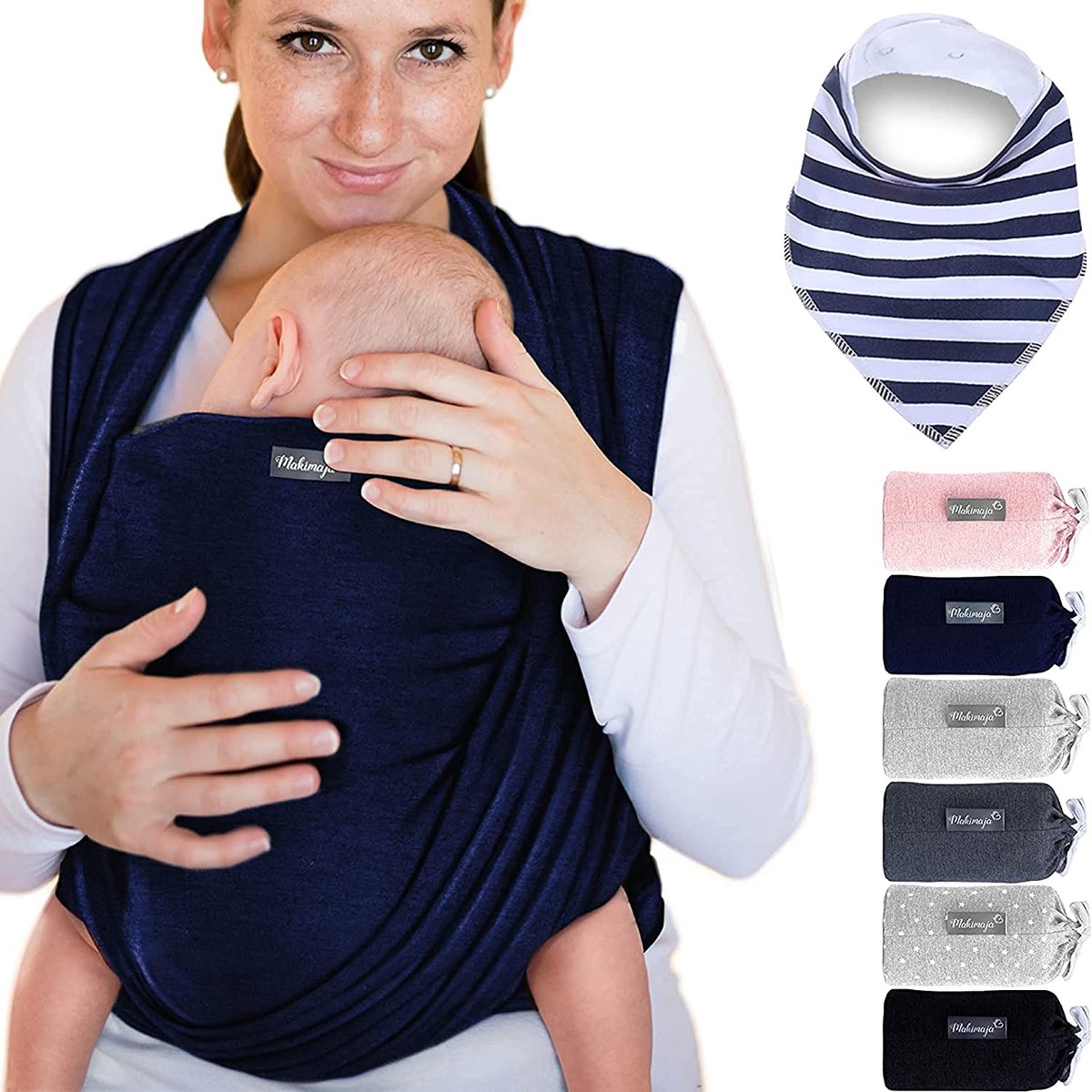 Makimaja® Baby Sling - Donkergrijs Met Sterren - 100% Natuurlijk Katoen Voor Pasgeborenen Tot 15 Kg Incl Slabbetje