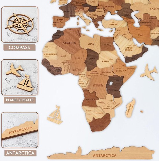 Houten Wereldkaart Wanddecoratie - Natuurlijke Wereldkaart voor een Wereldse Sfeer