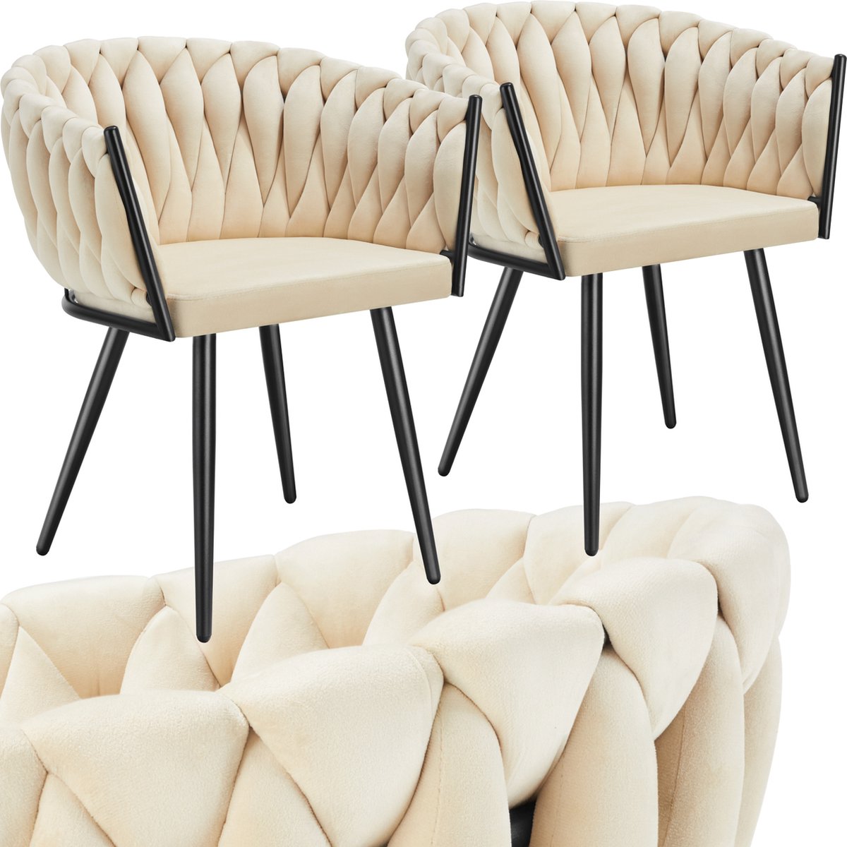 Tectake Set van 2 Fluwelen eetkamerstoelen - Kuipstoel met armleuning in knooplook - Eetkamerstoel - Moderne stoel voor woonkamer en eetkamer - Keukenstoel - Kaptafelstoel - Slaapkamerstoel - Diverse kleuren - Zandkleur