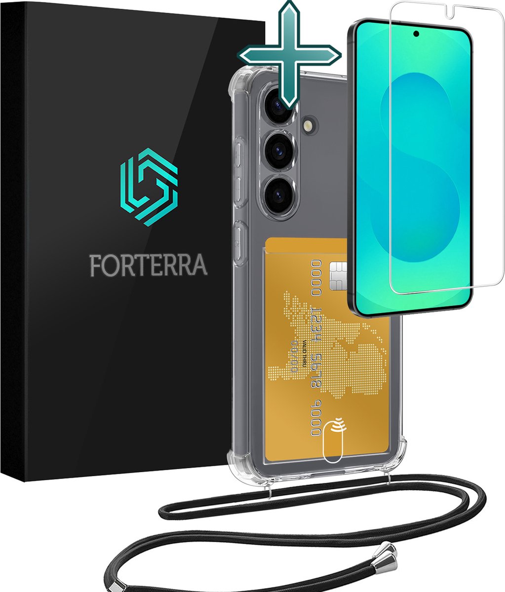 Hoesje Geschikt voor Samsung S25 Pashouder Case Siliconen Hoes Met Koord Met Screenprotector - Hoes Geschikt voor Samsung Galaxy S25 Met Telefoonkoord Hoesje Back Cover Met Pasjeshouder - Transparant
