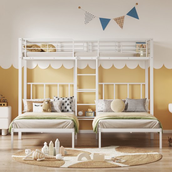 Soweiz Driepersoonsbed, drievoudig stapelbed met ladder voor kinderen en jongeren, ijzeren bed met valbeschermingsrooster en tafel (90 x 200 cm x 3) (wit