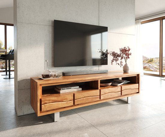 Table TV Live Edge acacia nature 190 cm 2 compartiments 4 tiroirs bord d'arbre