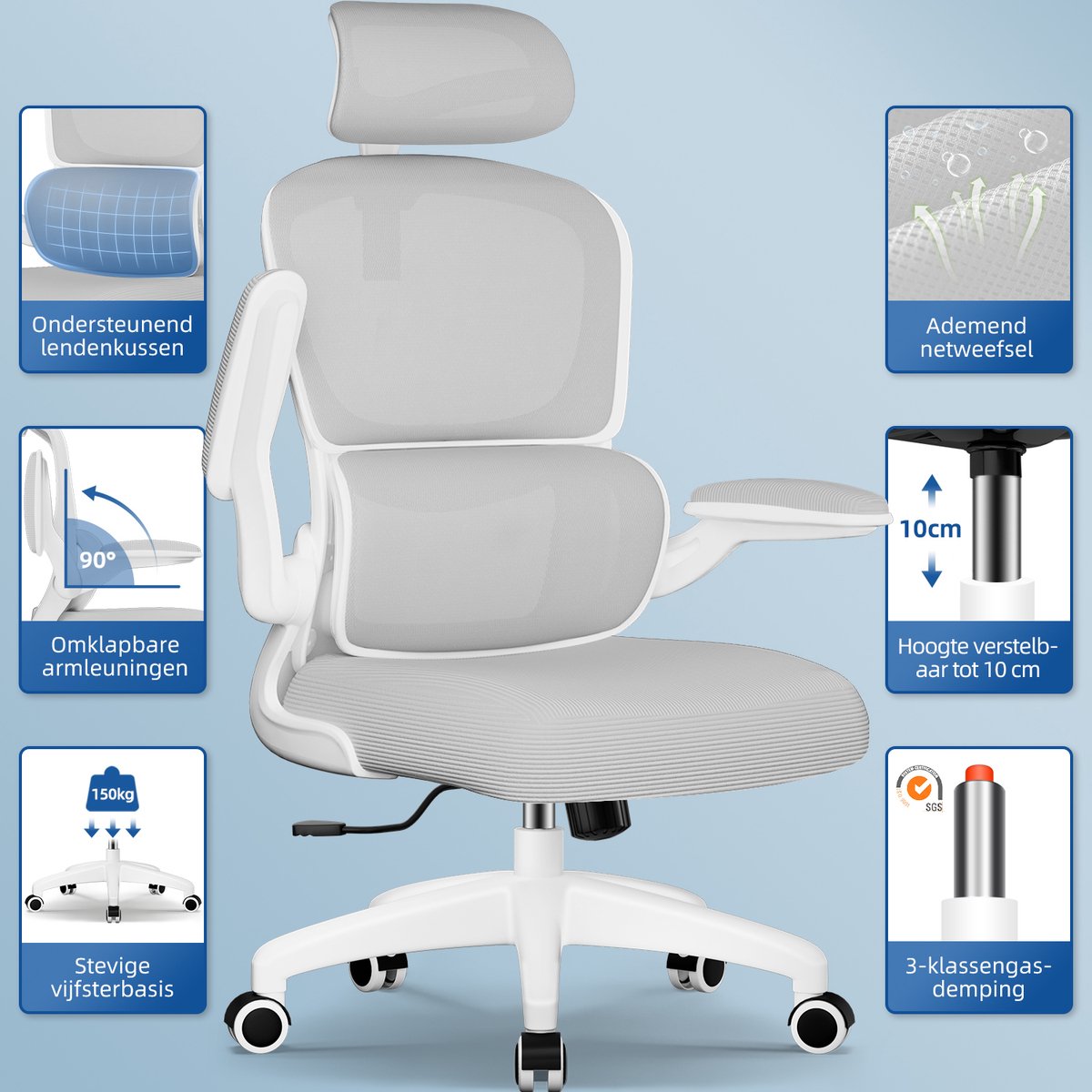 Elekiatech Ergonomische Bureaustoel - Bureaustoel met Opklapbare Armleuningen - Bureaustoelen voor Volwassenen - 150 Kg - Grijs thumbnail 4