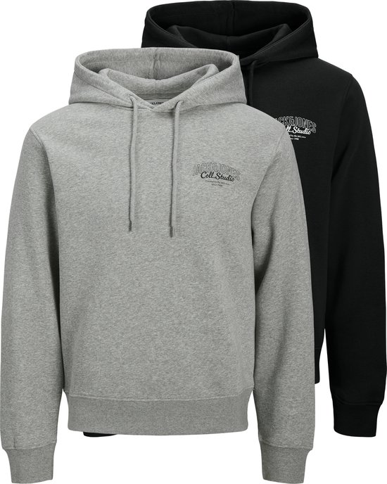 Grijze en zwarte hoodie met tekstprint op de borst.