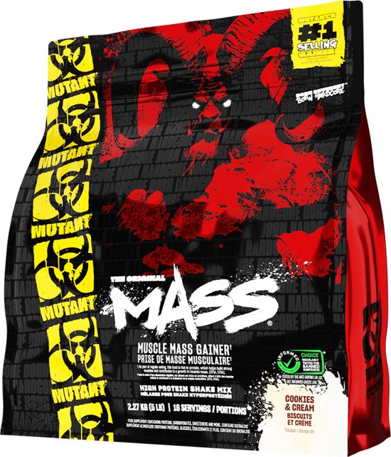 Zwarte zak met rode en gele grafische elementen. "Mutant" en "The Original MASS" logo's zijn aanwezig, met een demonische ramkop. De tekst "Cookies & Cream" is zichtbaar.
