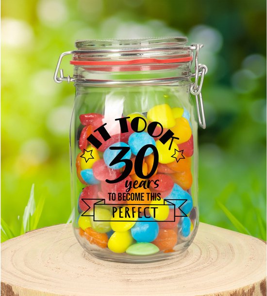 Bocal de rangement pour cadeaux d'anniversaire Bellatio Decorations - 30 ans - verre - 1 litre - bocal à bonbons
